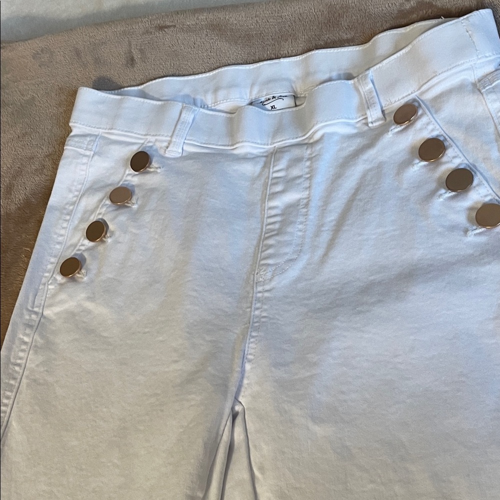 Anna & Ava White High Rise Flare Jeans with Gold Button Detail